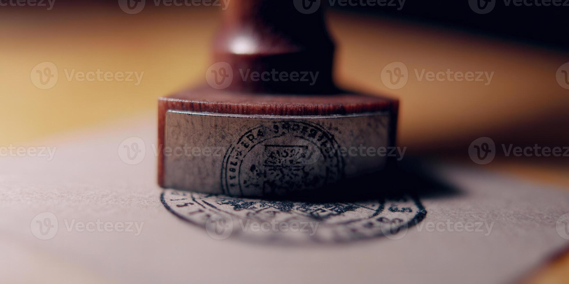 A wooden stamp presses down on paper, creating an official and detailed seal against a warm backdrop. photo