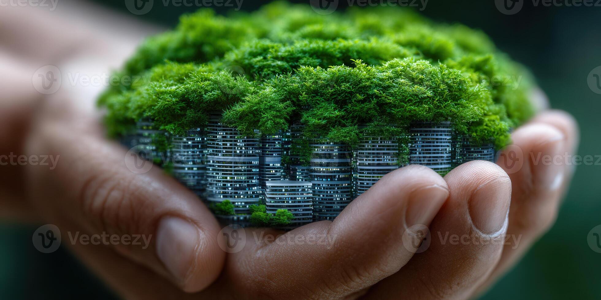 A hand holds a miniature city flourishing with vibrant green plant life, representing eco-consciousness. photo
