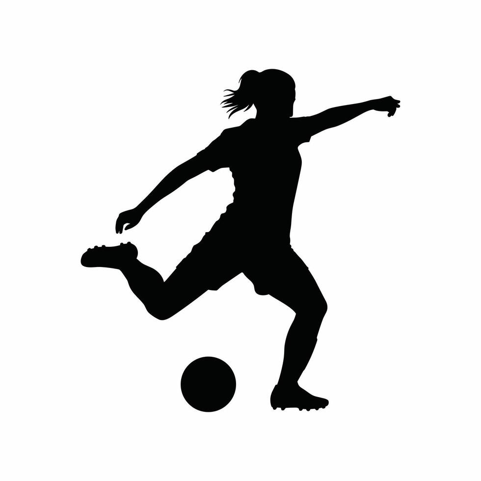 Female Soccer Player Kicking Ball Silhouette Illustration, Isolated on White Background, Perfect for Sports, Football, Athletic, Team, and Fitness Design Concepts vector