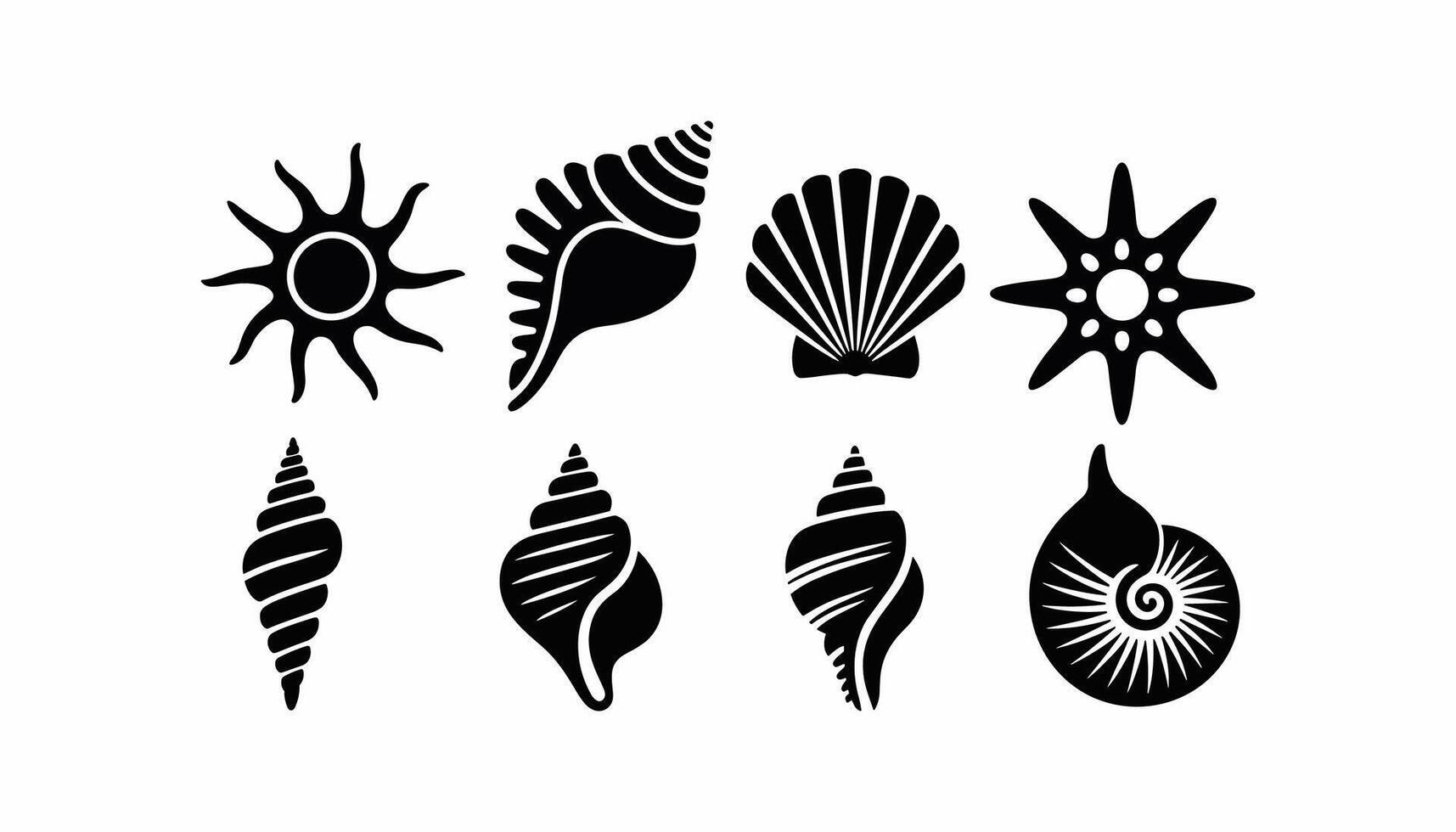 Set of Black Sea Shell and Starfish Silhouette Icons, Illustration for Beach, Ocean, Marine, Nautical, Summer, and Coastal Design Concepts vector