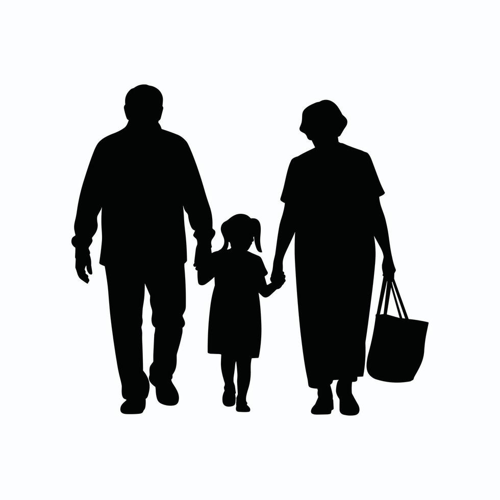 Silhouette of grandparents walking with their granddaughter. Elderly couple holding hands with a little girl. Family togetherness and multi-generational love concept.. vector