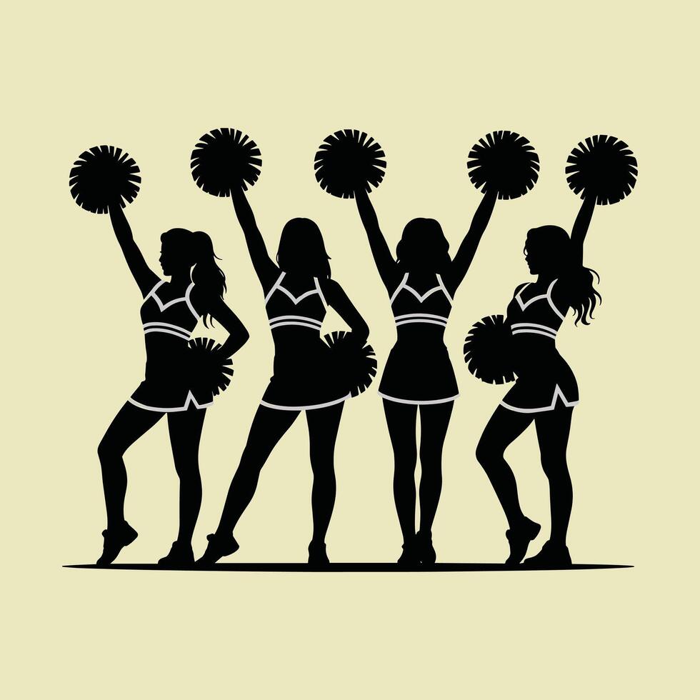 Cheerleader Team Silhouette with Pom Poms, Group Dance Performance, Cheerleading Squad Illustration, Sports Spirit, Athletic Girls, Art for Design vector