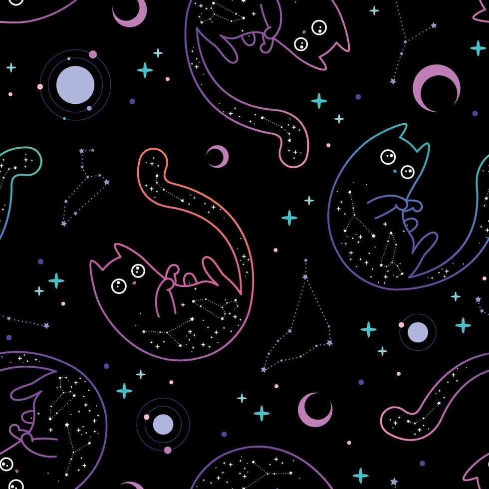 Mystical black pattern with neon cats, moon and stars vector