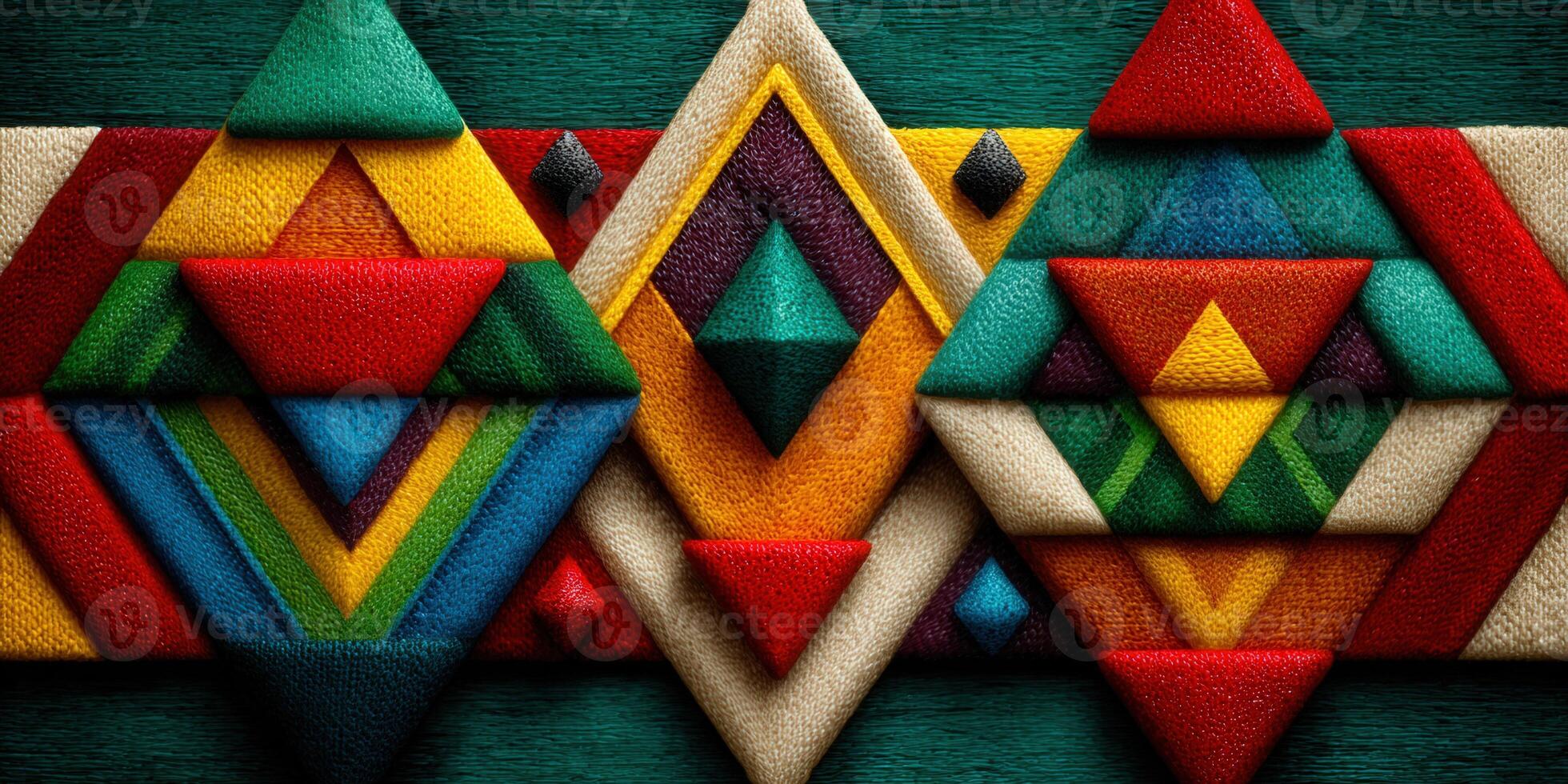 A vibrant and intricate abstract design with geometric shapes and a textured look. photo