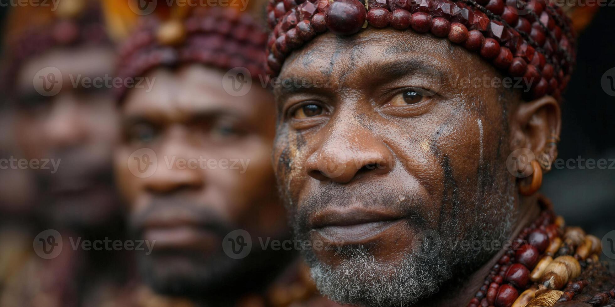 Two tribal men in traditional attire looking intently towards the viewer with a serious gaze. photo
