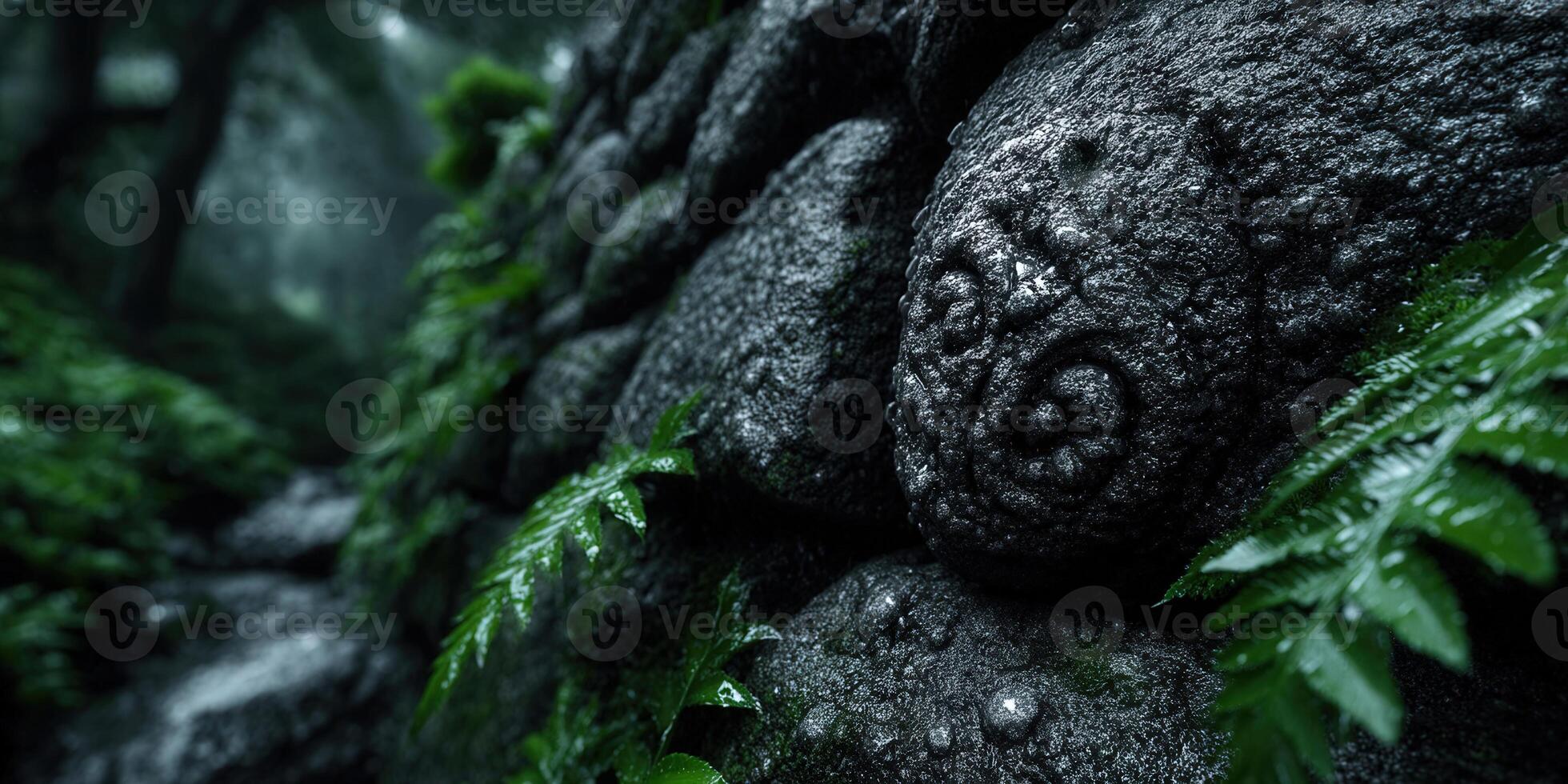 A detailed view of an ancient stone wall covered in moss and lush green ferns. photo