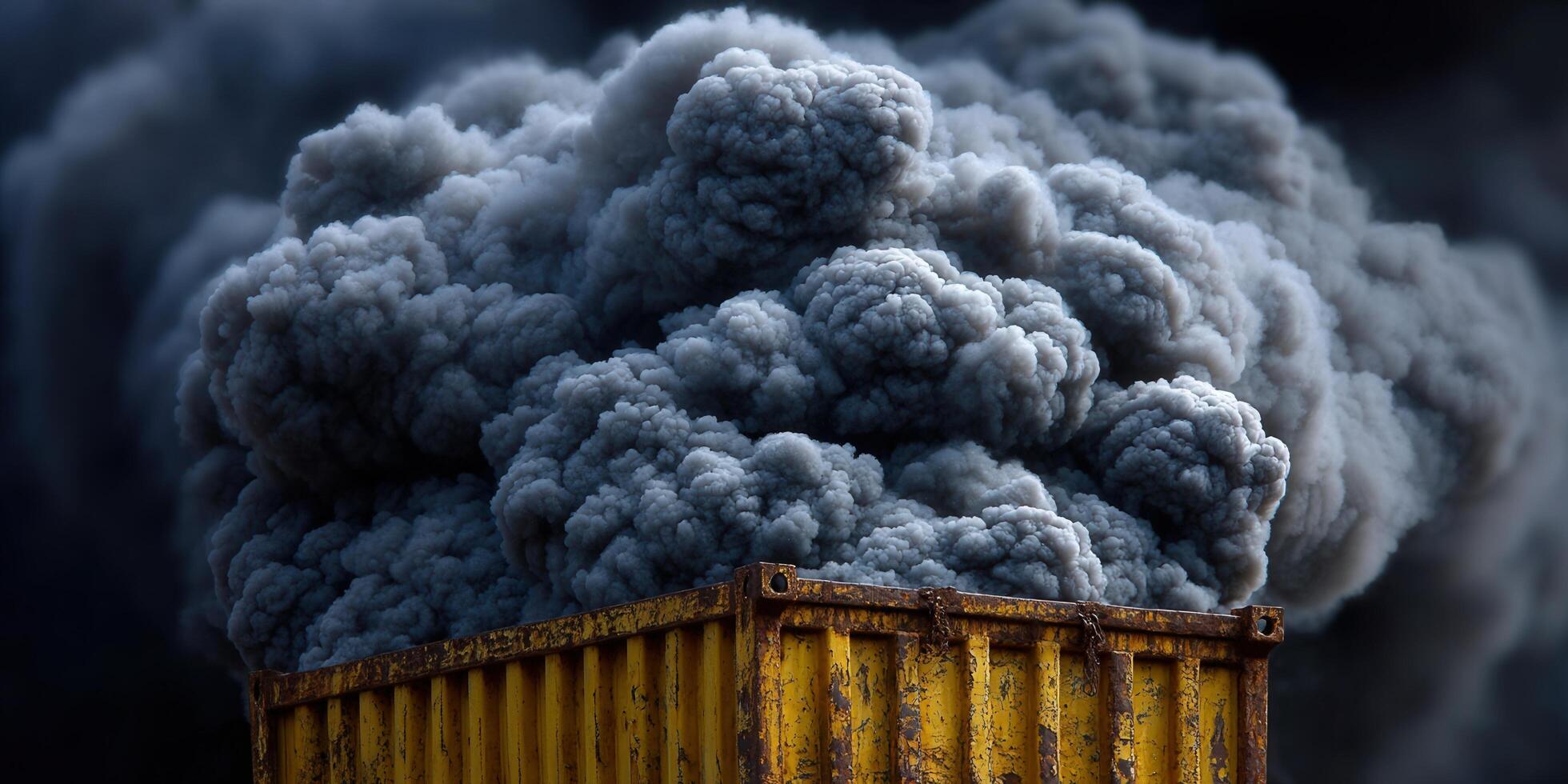 Ominous black smoke billows from a yellow container, possibly indicating environmental pollution or industrial hazards. photo