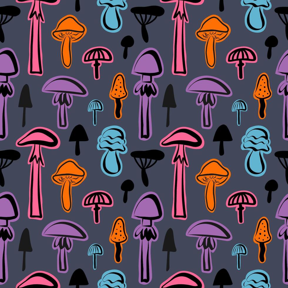 Seamless pattern with Mushrooms. Repeating background with fly agaric, fungus, boletus, forest motif for packaging, textile, print, template, card. Hand drawn textured decorative ornament vector
