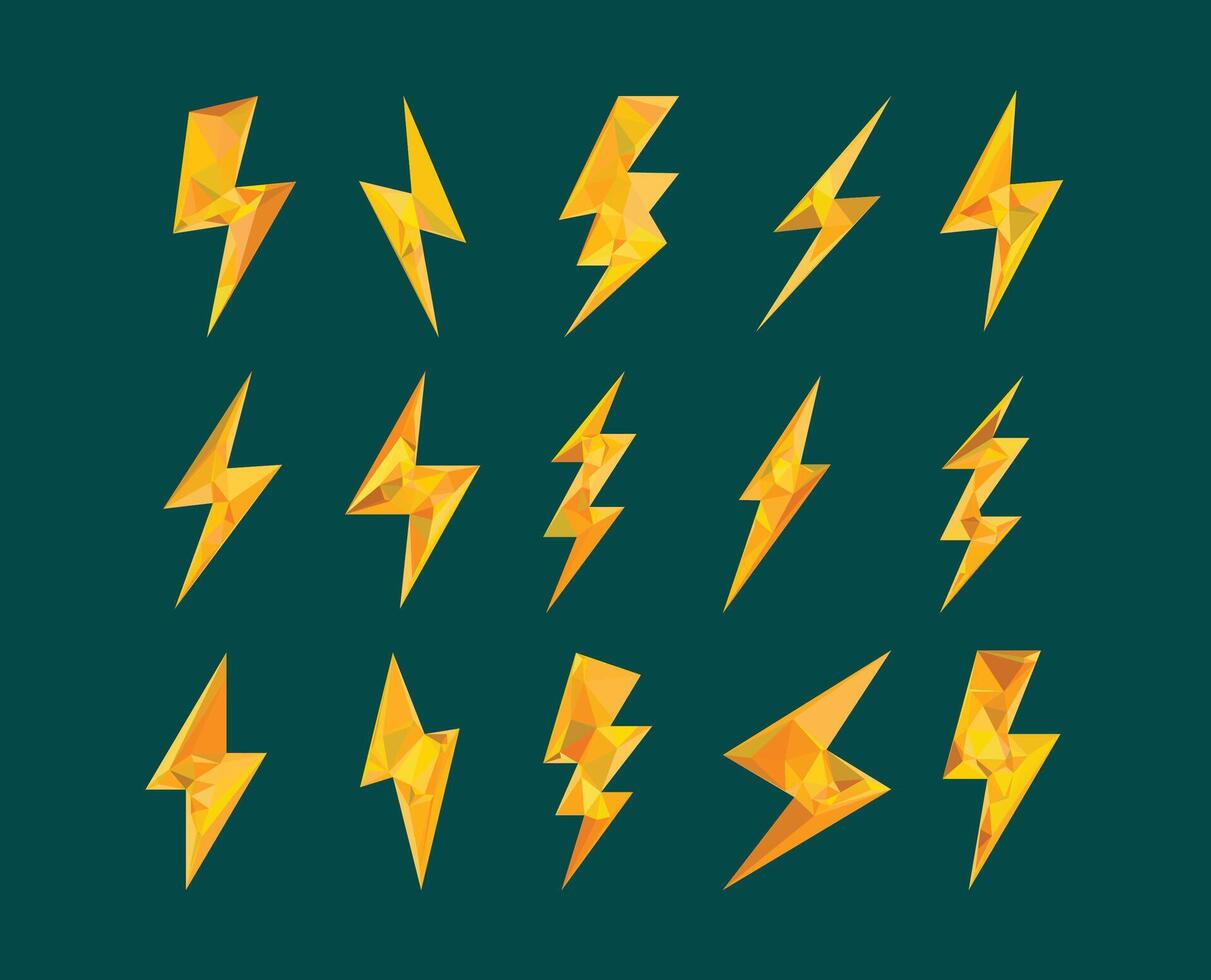 Cute flat lightning shape collection in various kawaii styles. Perfect for weather icons, kids graphics, playful symbols, and decorative cartoon elements. vector