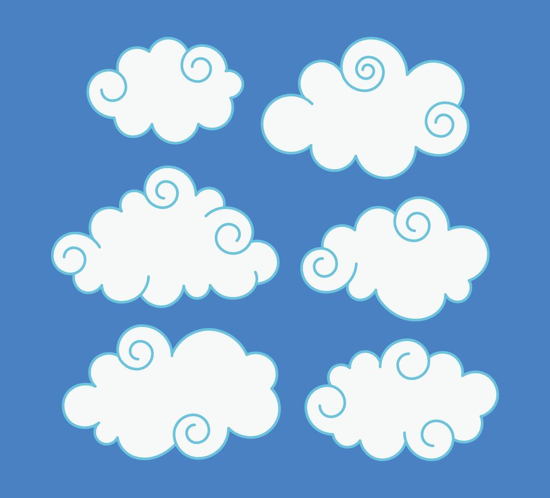 Cute kawaii flat cloud shape collection in various styles. Fun and playful cartoon clouds perfect for kids graphics, weather icons and creative decorations vector
