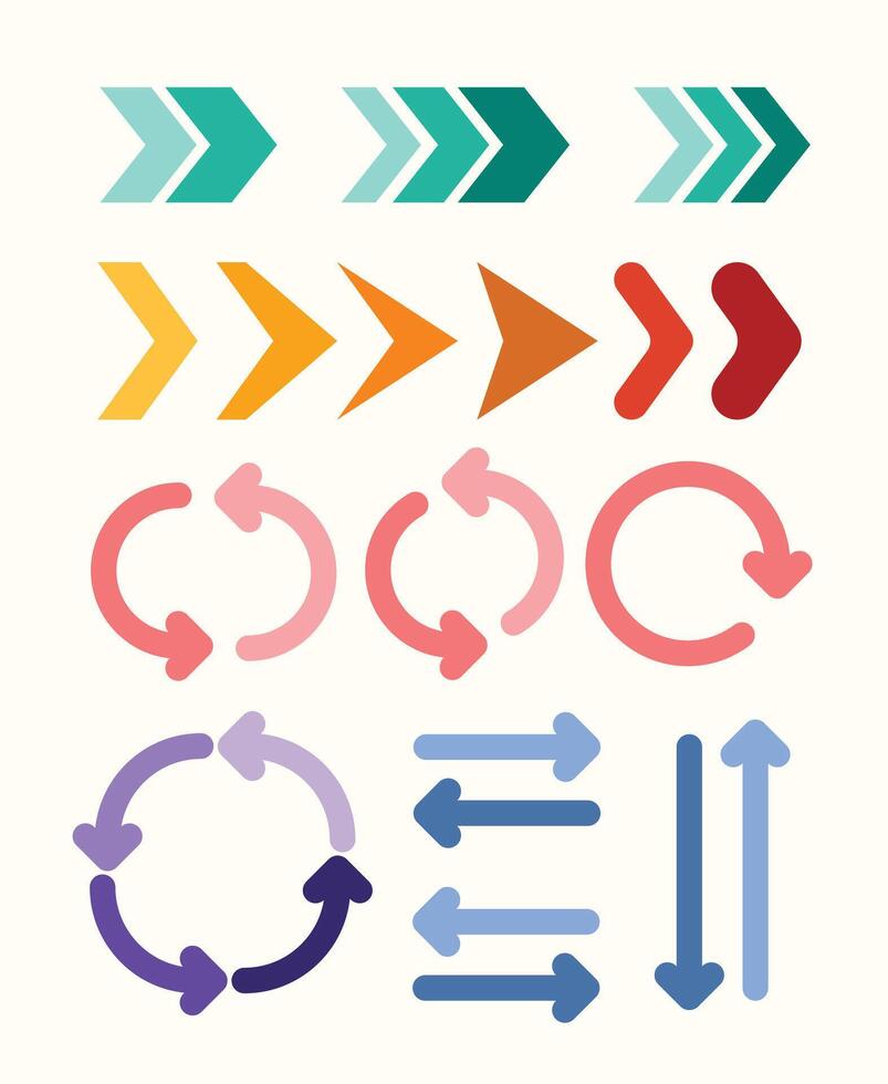 Flat style arrow icon collection in cute kawaii design. Perfect for creative interfaces, infographics, kid themes, navigation elements, and playful visuals vector