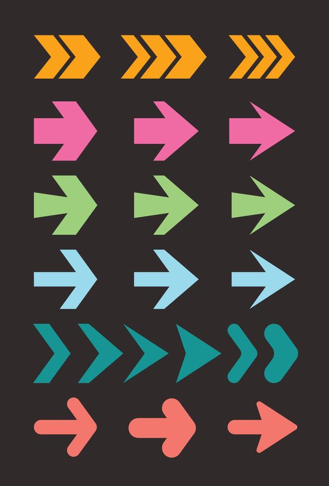Flat style arrow icon collection in cute kawaii design. Perfect for creative interfaces, infographics, kid themes, navigation elements and playful visuals. vector