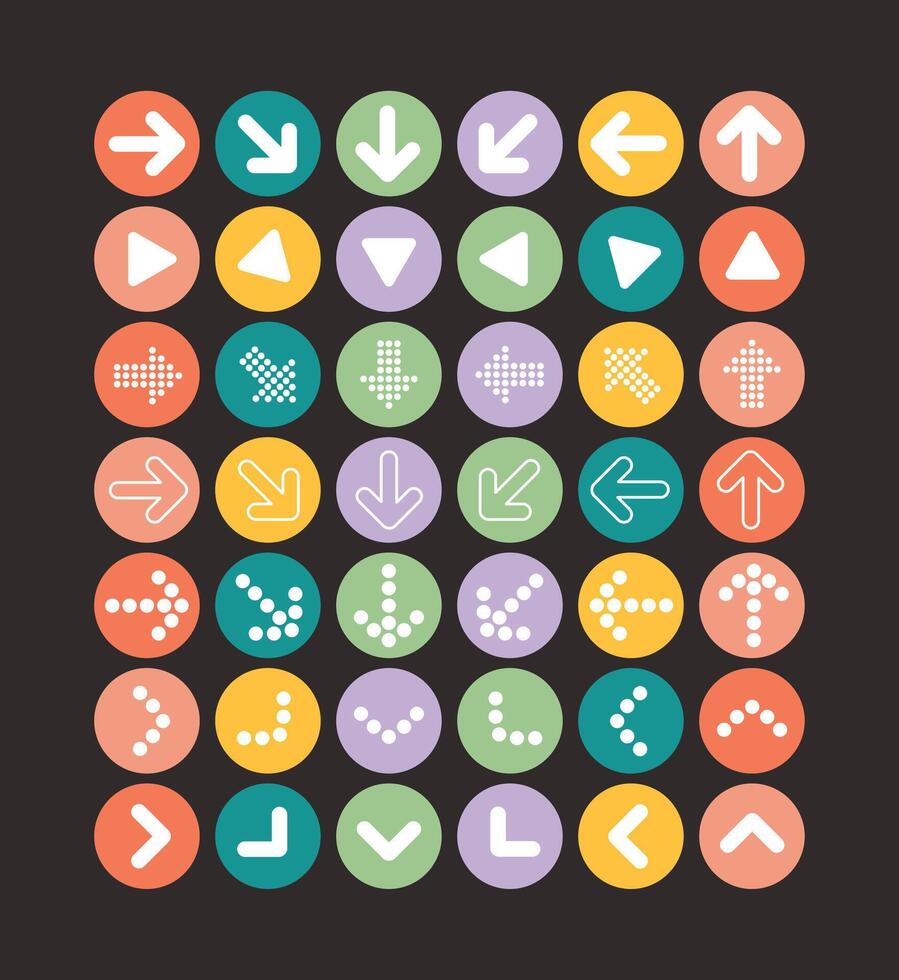Flat style arrow icon collection in cute kawaii design. Perfect for creative interfaces, infographics, kid themes, navigation elements, and playful visuals. vector