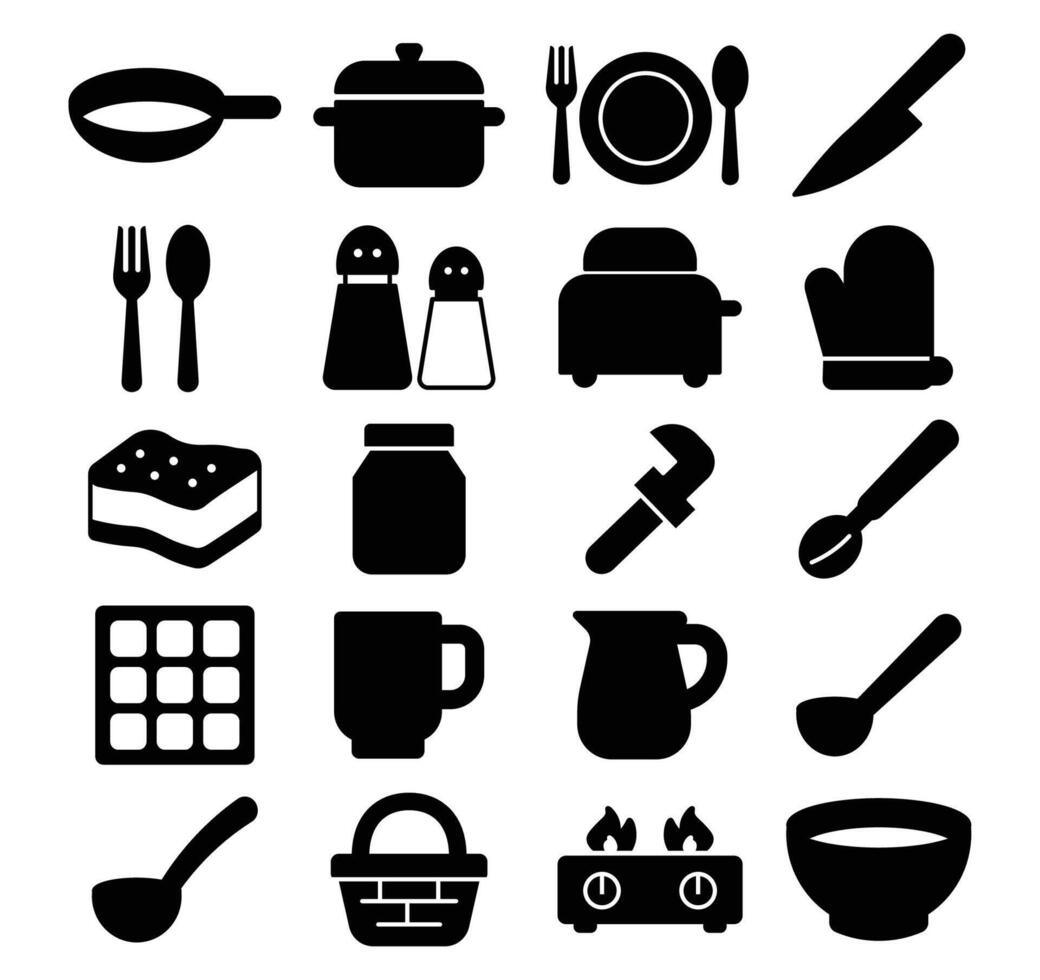 Kitchen Utensils and Dishware Icons Set for Culinary and Cooking Themes vector