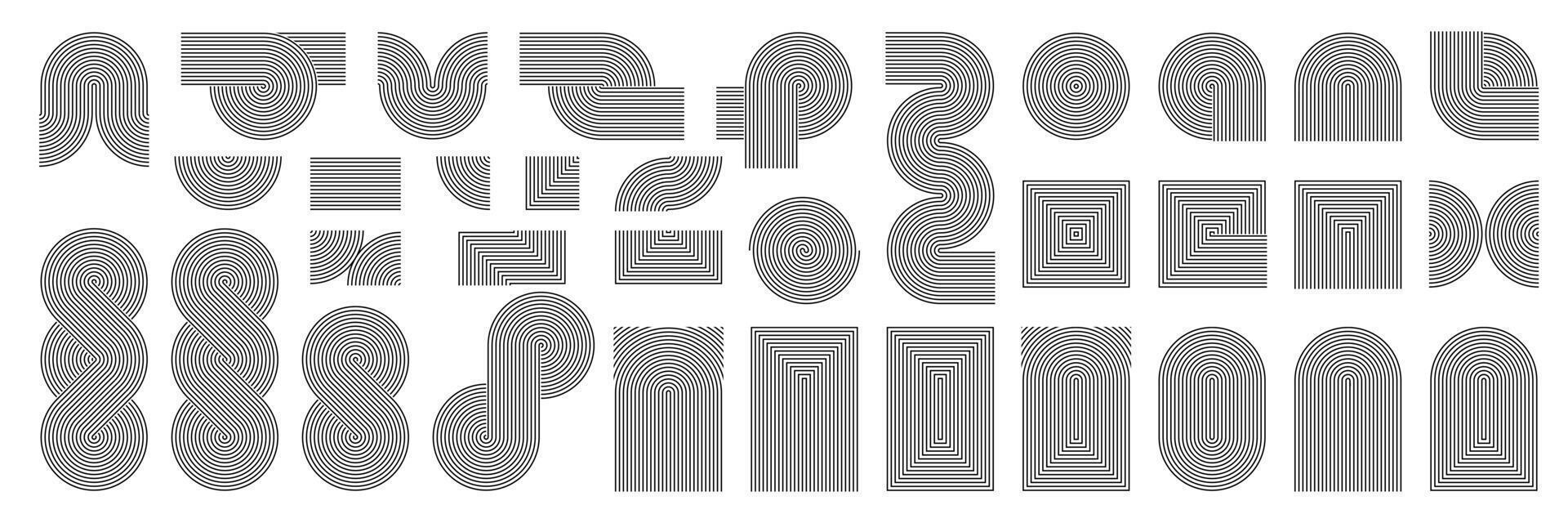 Abstract line pattern shape, geometric arch, rainbow elements logo design. Modern art, boho wave zen arc. Black circle simple texture, organic minimalist balance mid century poster aesthetic vector