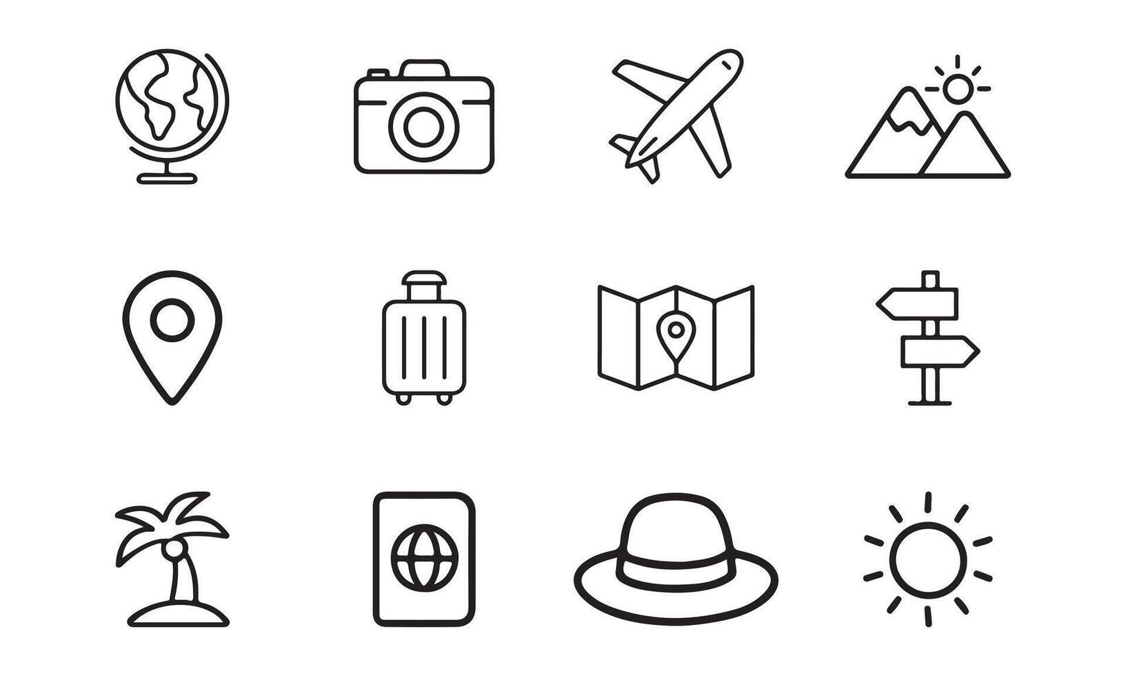Travel Icons Set. Outline Style Vacation Symbols for Adventure, Tourism and Holiday Design vector
