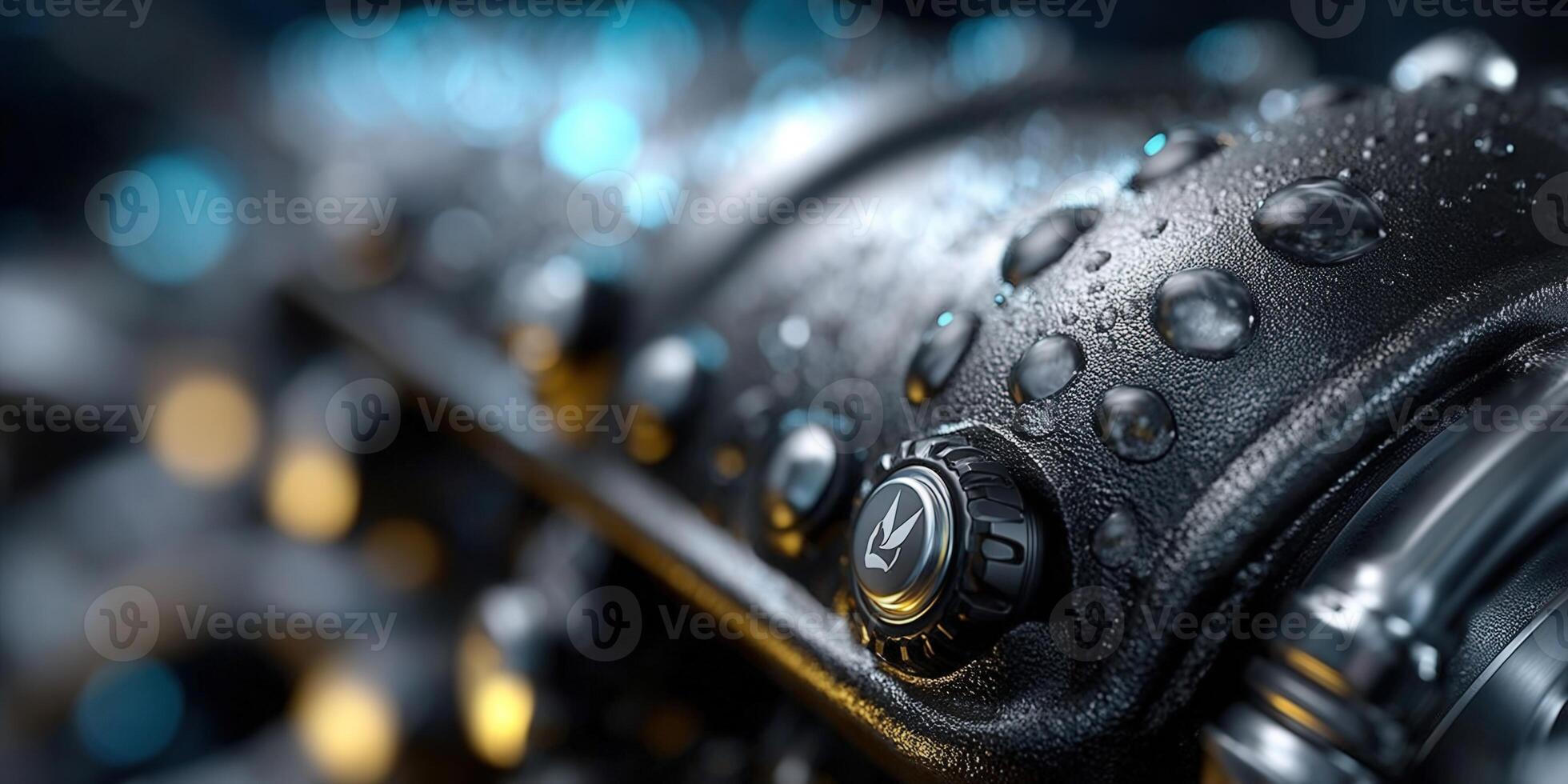 Close-up of a textured black surface covered with water droplets and a control knob. photo