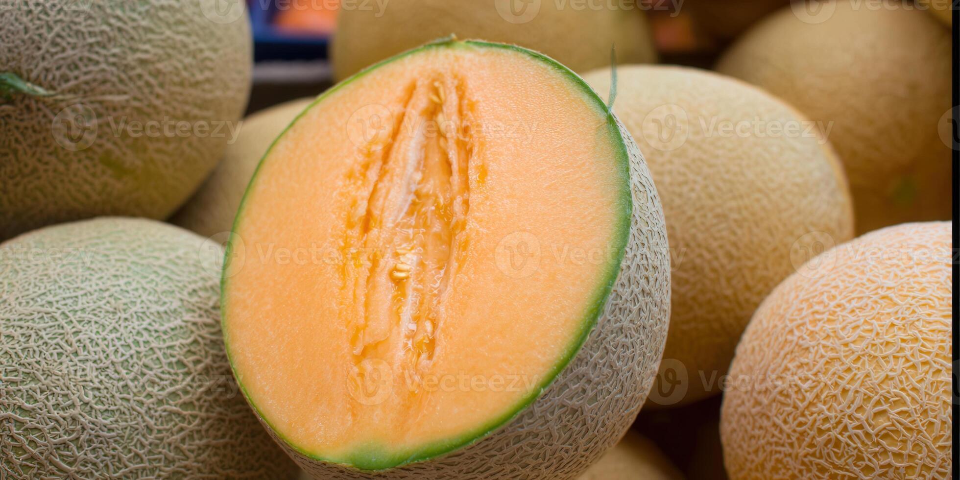 A close-up view of a cantaloupe, cut open to display its vibrant orange flesh. photo