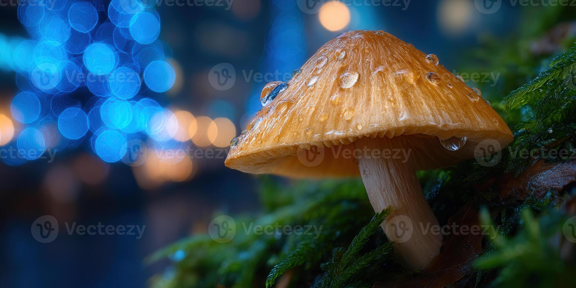 A vibrant mushroom glistens with raindrops, set amongst lush green moss in a blurred, atmospheric scene. photo