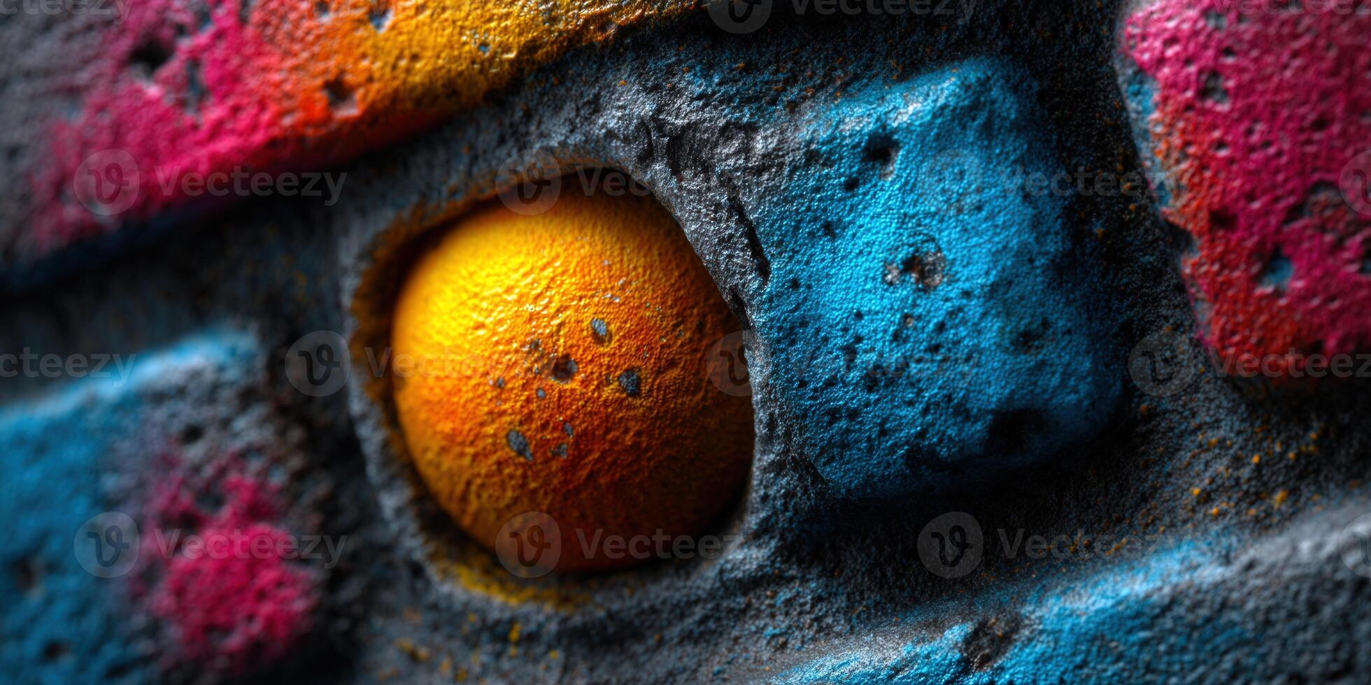 A close-up shot shows a colorful graffiti wall with vibrant details and textures. photo