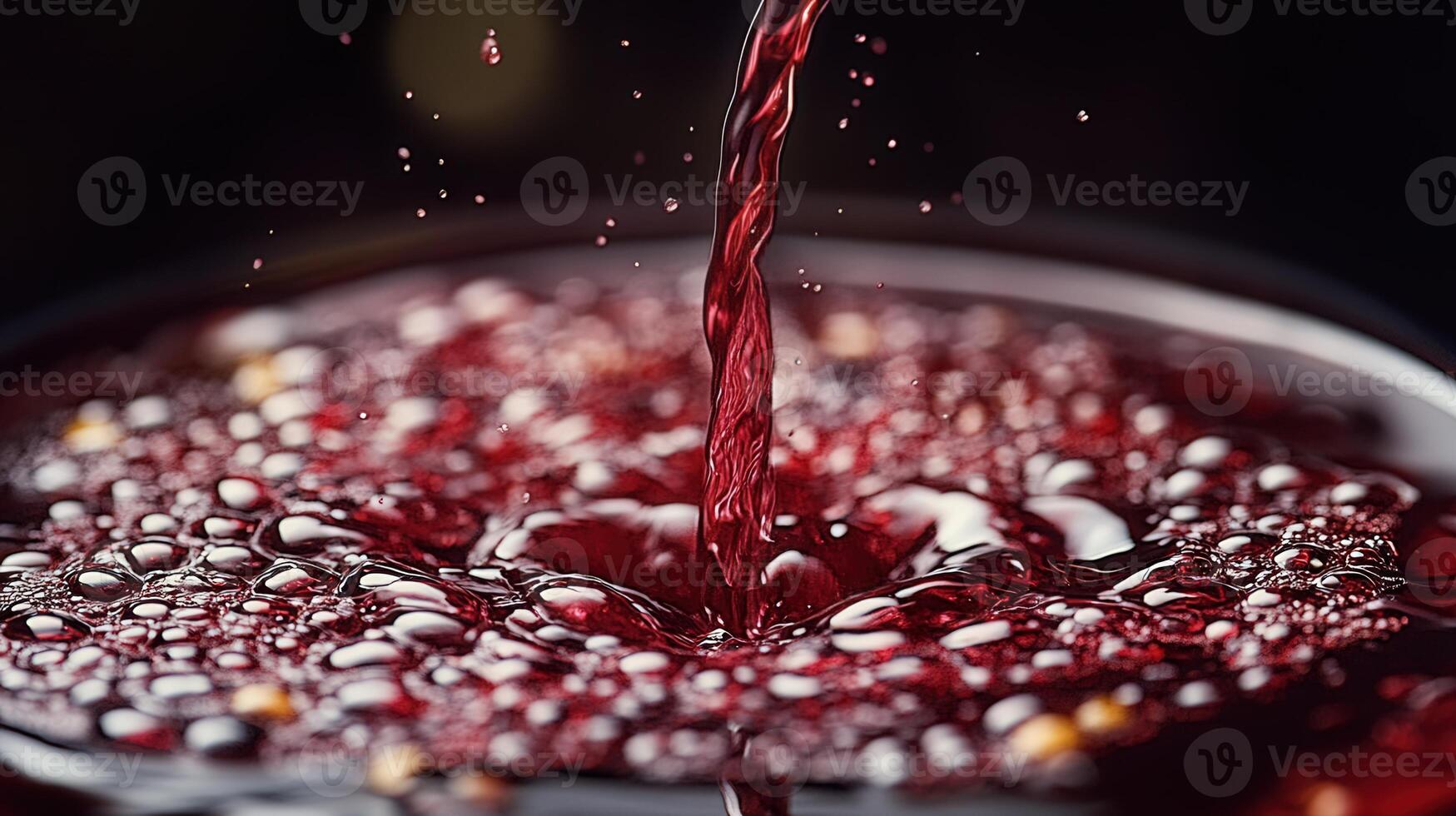 Red wine gracefully pours, creating a dynamic splash with captivating bubbles and textures. photo