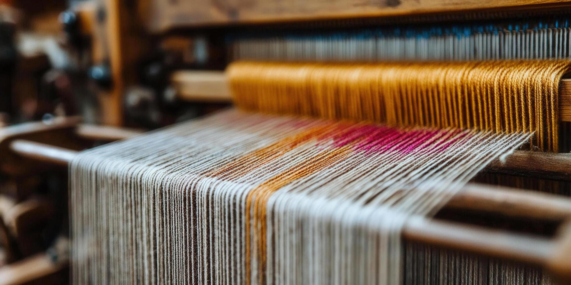 Intricate detail of a weaving loom, creating beautiful fabric with colorful threads and yarns. photo
