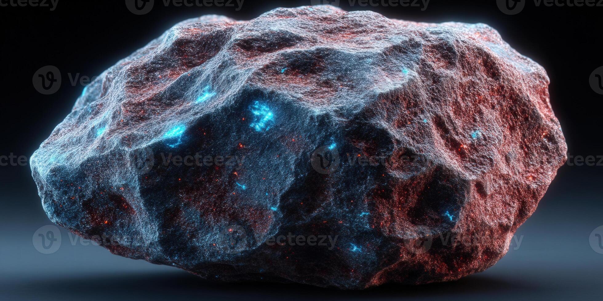 Intriguing close-up of a textured rock with bright blue and red light, set against a dark backdrop. photo