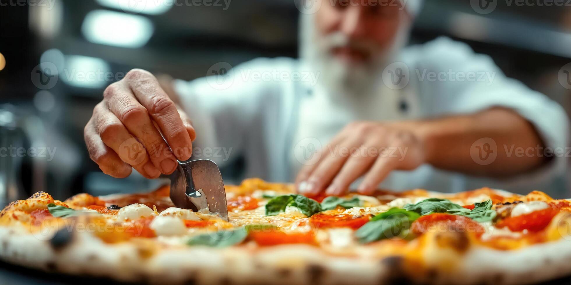Chef precisely cuts a freshly baked pizza with a cutter, ready to serve with fresh ingredients. photo
