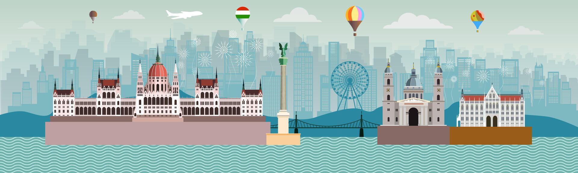 Cityscape with landmarks and balloons vector