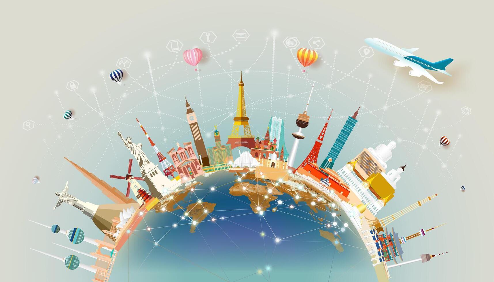 Colorful globe with famous landmarks and airplanes vector