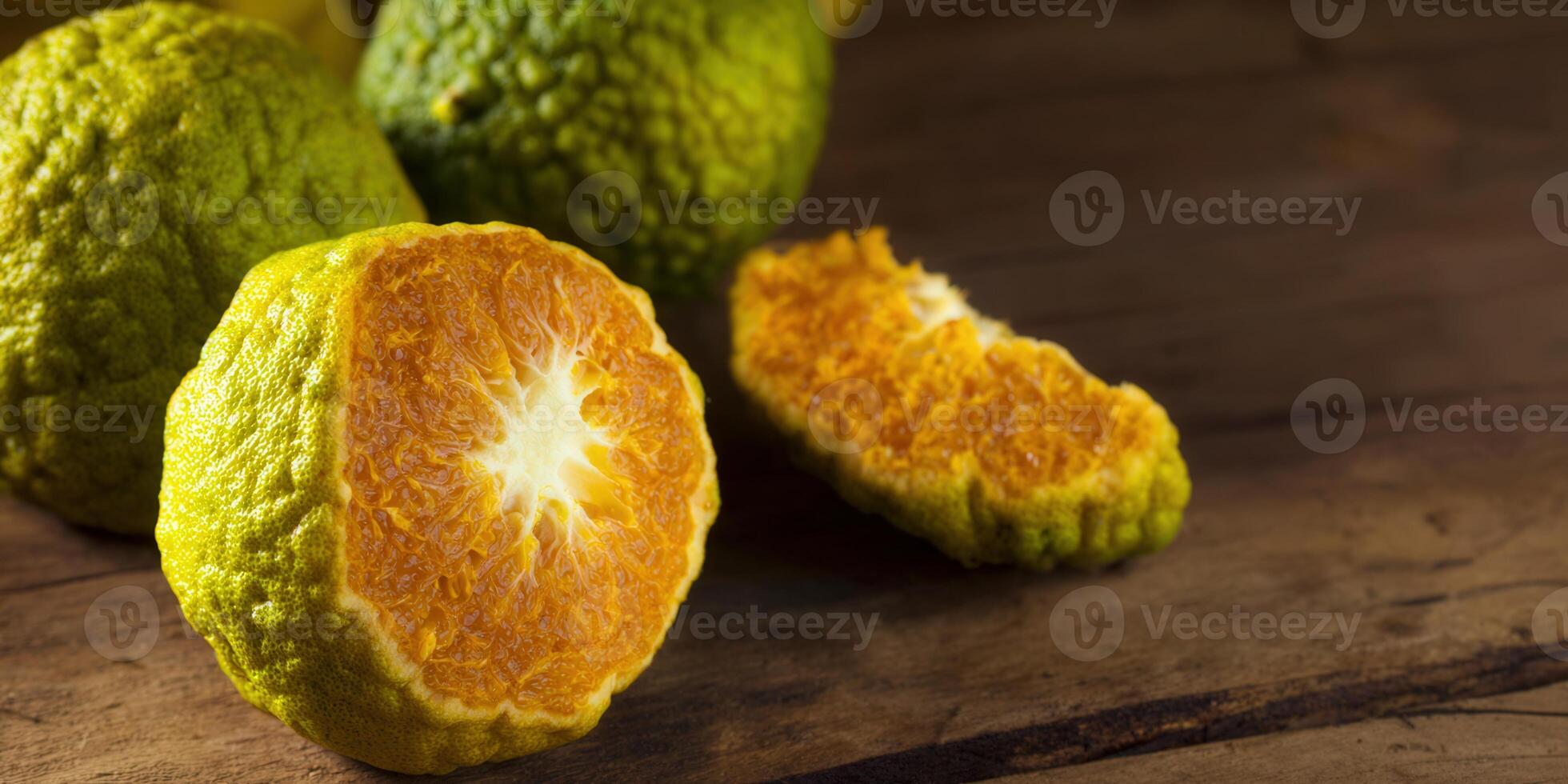 Vibrant citrus fruit, sliced open on a rustic wooden surface, showing its juicy interior. photo