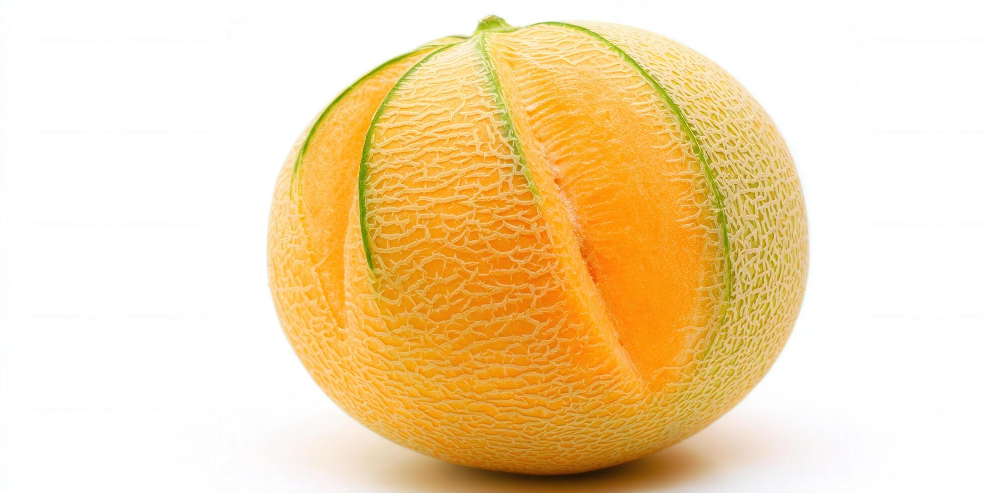 A perfectly ripe cantaloupe melon is sliced to show its juicy orange flesh, isolated on white. photo