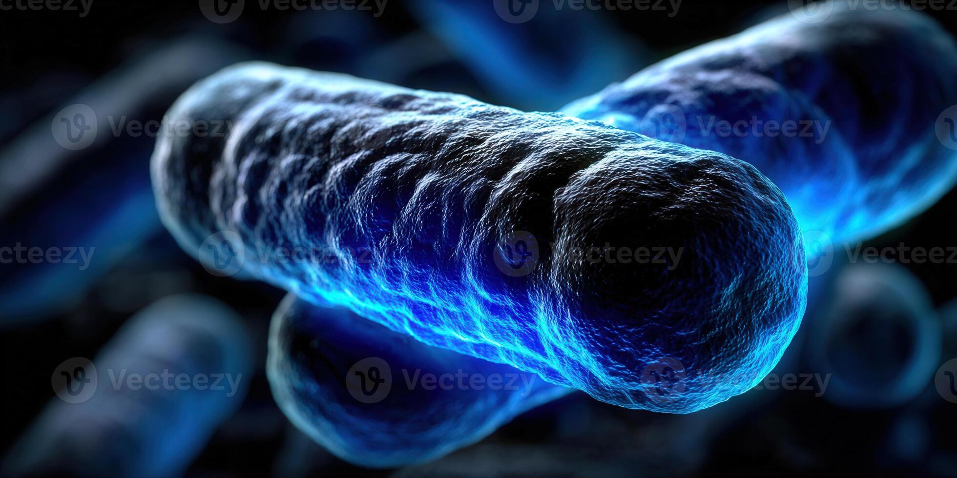 Detailed close-up of bacteria in a vibrant blue, showcasing its intricate structure. photo