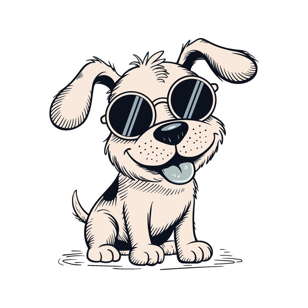Cartoon Style Cute Dog Wearing Sunglasses Sitting Down Pet Animal Illustration vector