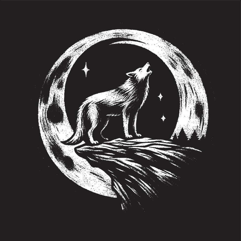 the wolf is standing on the cliff and howling at the moon, Chalk Style Howling Wolf Silhouette on Cliff Under Moon , Rustic White on Black T Shirt Graphic vector