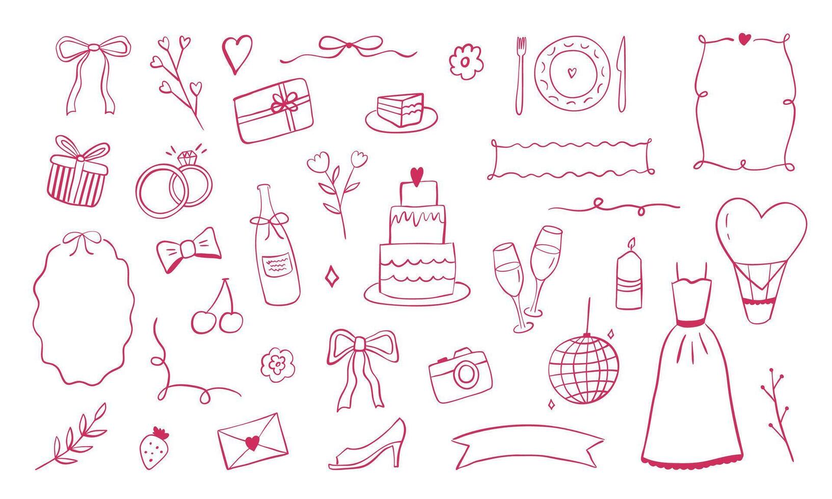Whimsical Set of Wedding Elements as Cake, Rings, Bride Dress, Bow Tie, Frames. Perfect for Invitations, Posters, Decorations vector