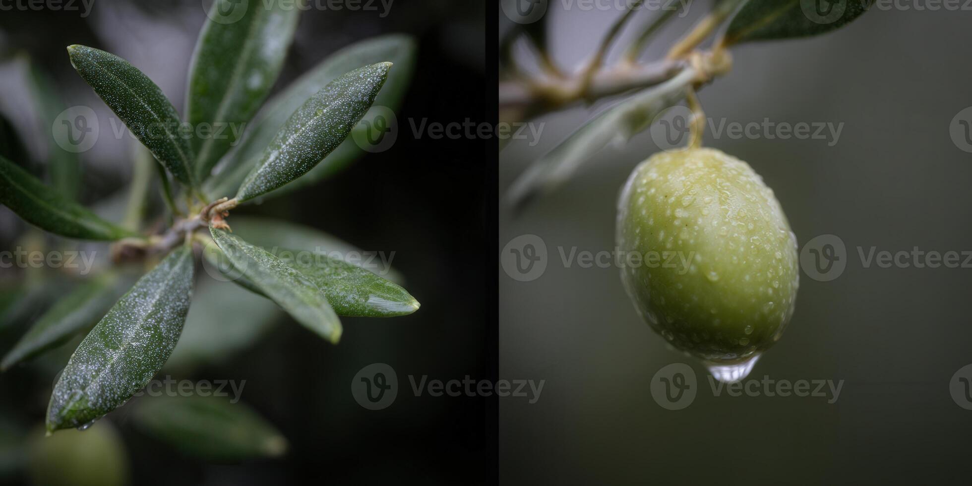 A close-up shot of a green olive with water droplets on a branch with leaves photo