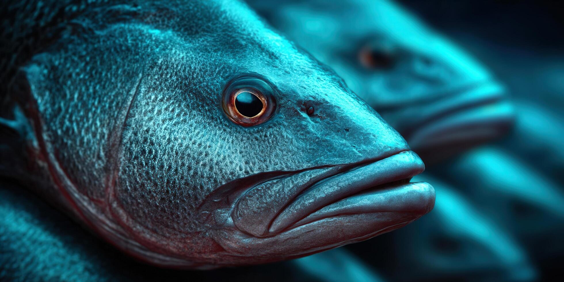 Close-up captures the detailed features of fish faces, highlighting their textured skin. photo
