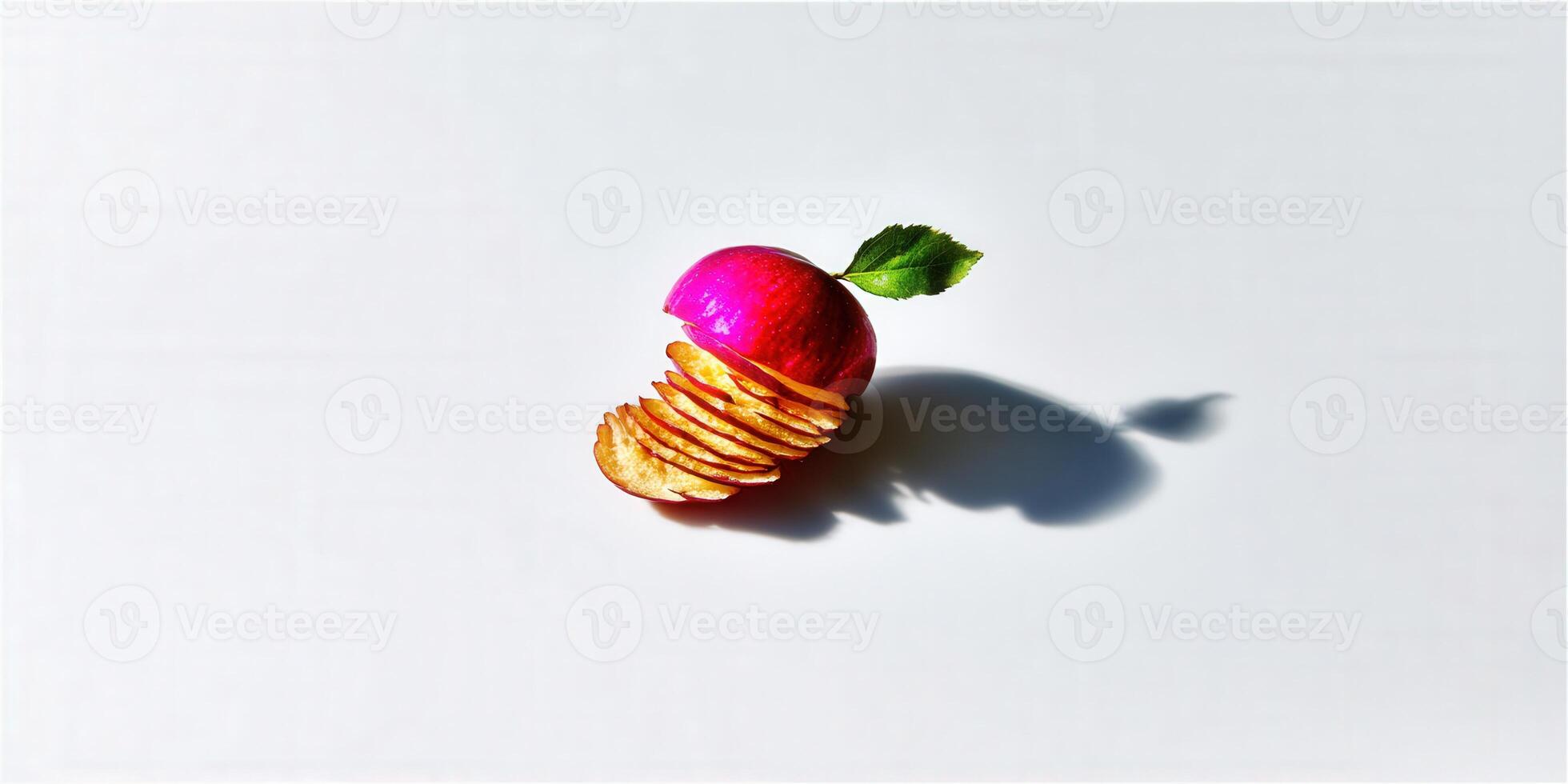 A creative still life featuring a red apple with potato chips on a white surface under bright lighting. photo