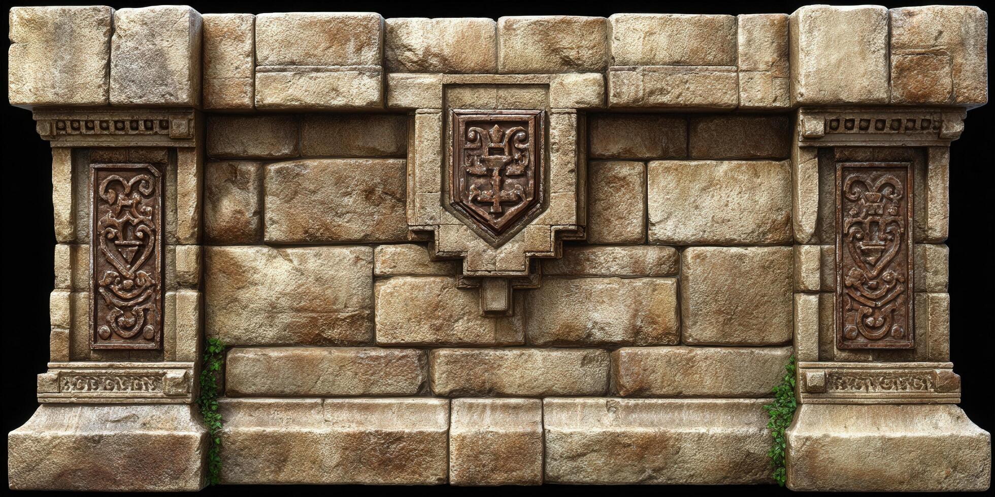 Detailed stone wall with carved emblem, perfect for historical and fantasy use. photo