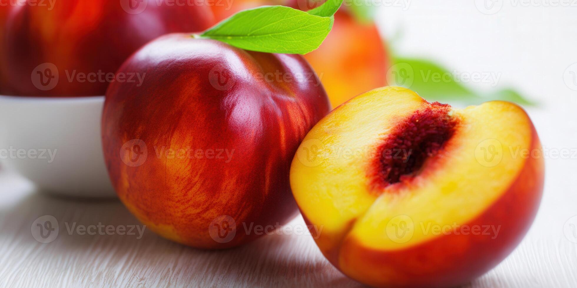 A close-up captures the deliciousness of ripe nectarines, perfect for a healthy snack. photo