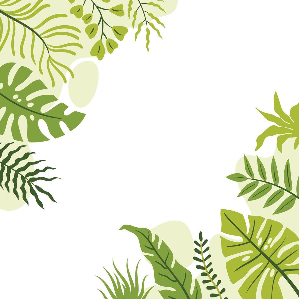 Flat cartoon style square poster with corner border of tropical leaves and branches and organic shapes. vector