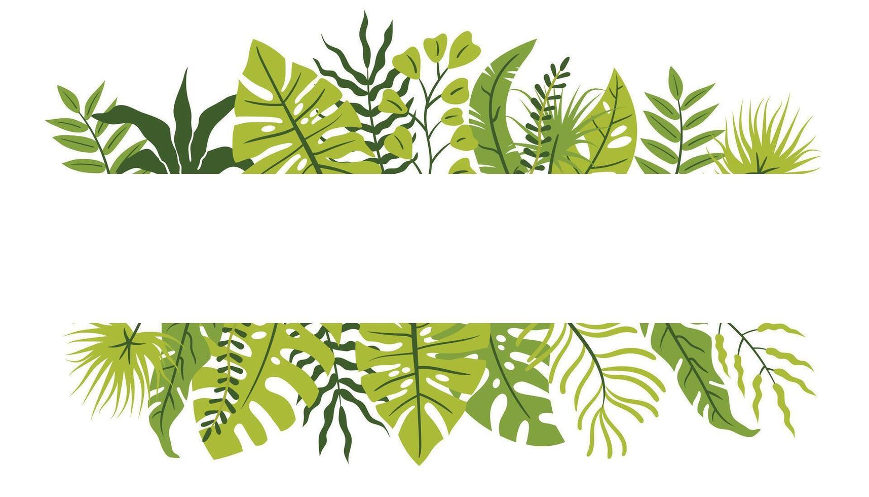 Horizontal poster with tropical leaf border in flat cartoon style. vector