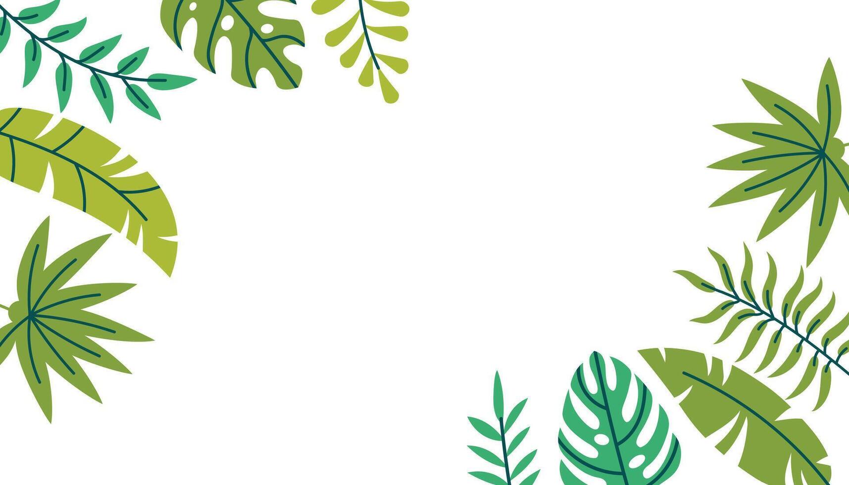 Horizontal poster or card with tropical leaf and branch border in corners in flat cartoon style. vector
