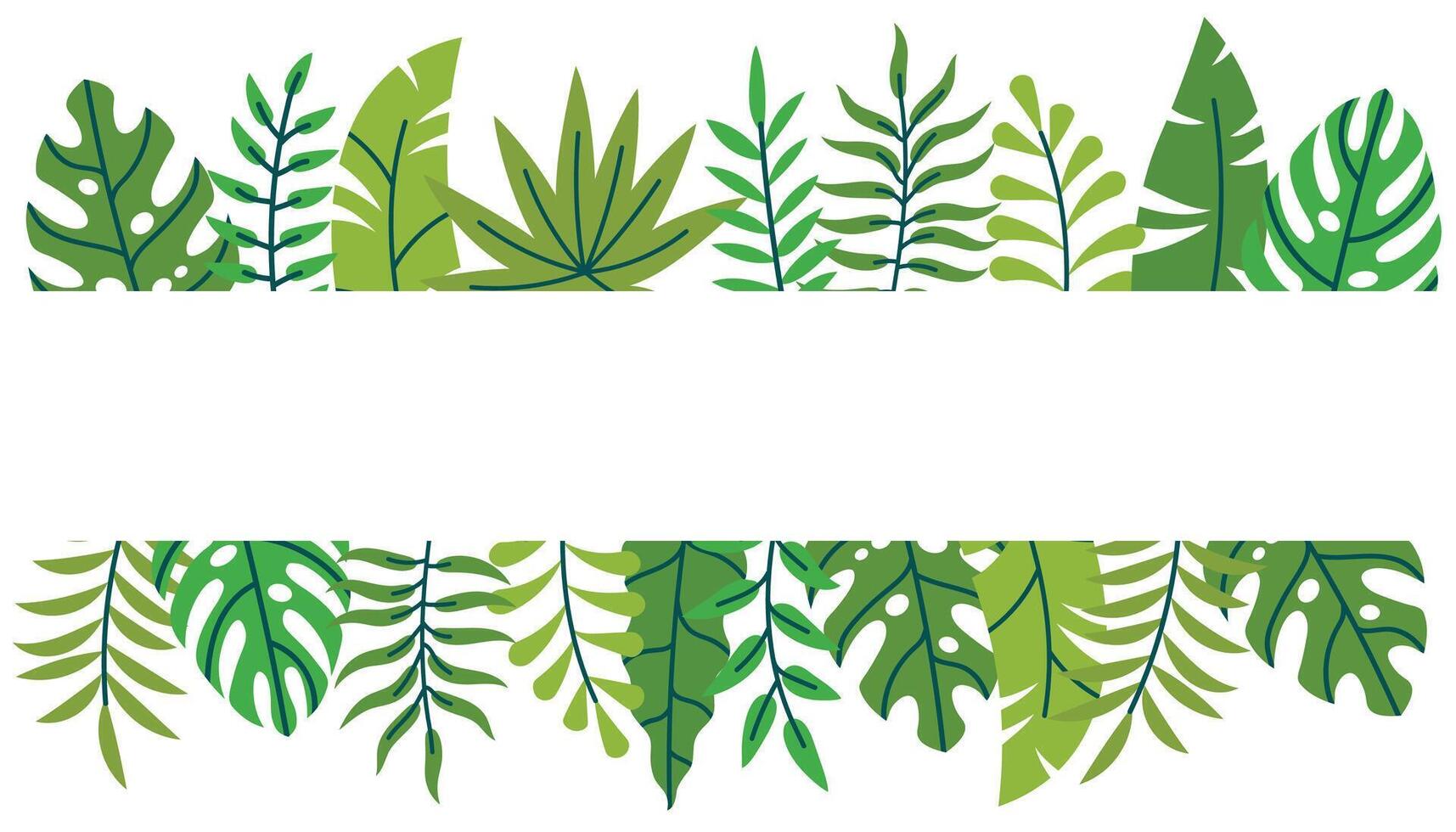 Horizontal card with leafy border in tropical flat cartoon style. Jungle frame vector