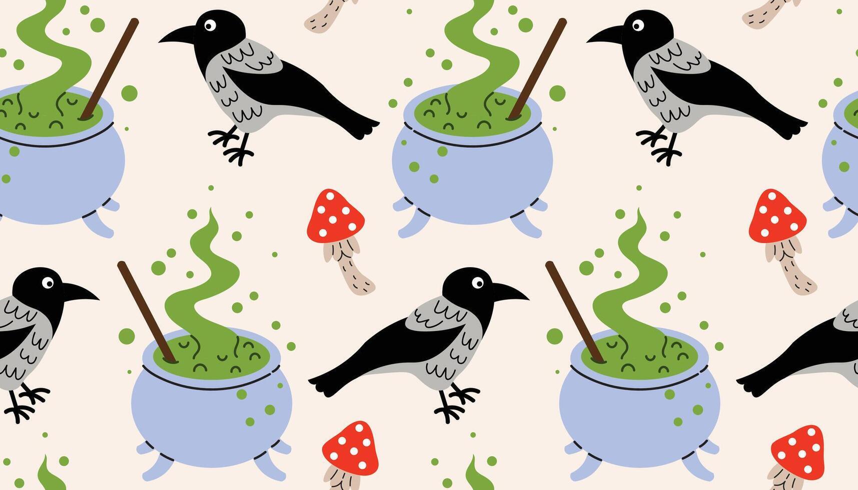 Pattern of crows and cauldrons vector