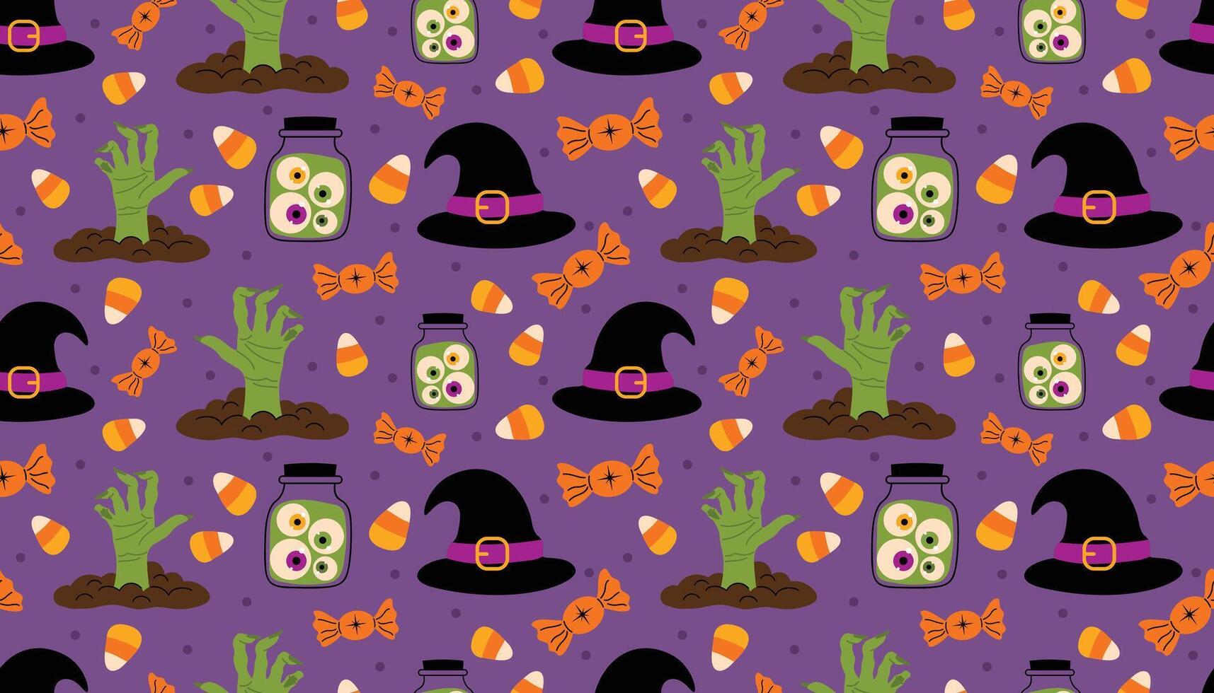 Halloween pattern with candy and witch accessories vector
