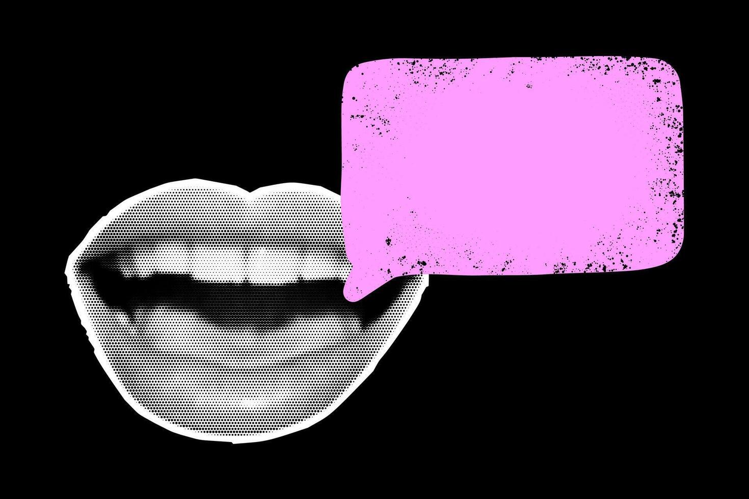 Collage combines cut-out female lips showcasing a halftone effect, accompanied by a grunge-textured speech bubble. The black background enhances the vibrant elements, creating an eye-catching visual. vector