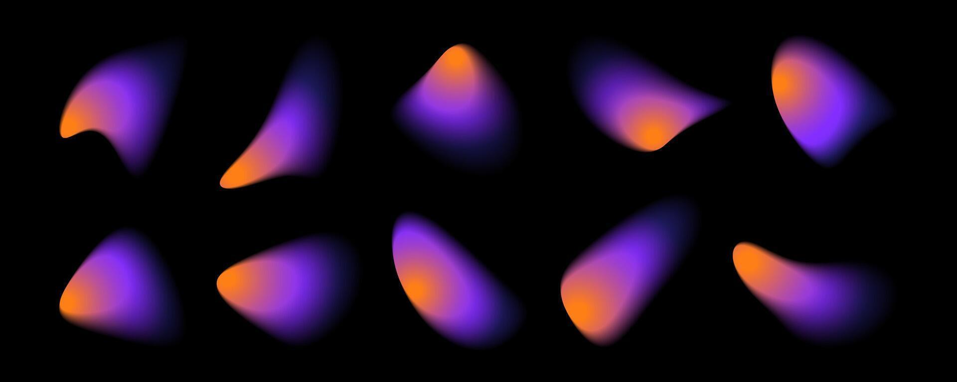 Ten abstract, blurry shapes in shades of violet and orange appear against a black backdrop. The shapes resemble droplets or fluid forms, exhibiting smooth color gradients. vector