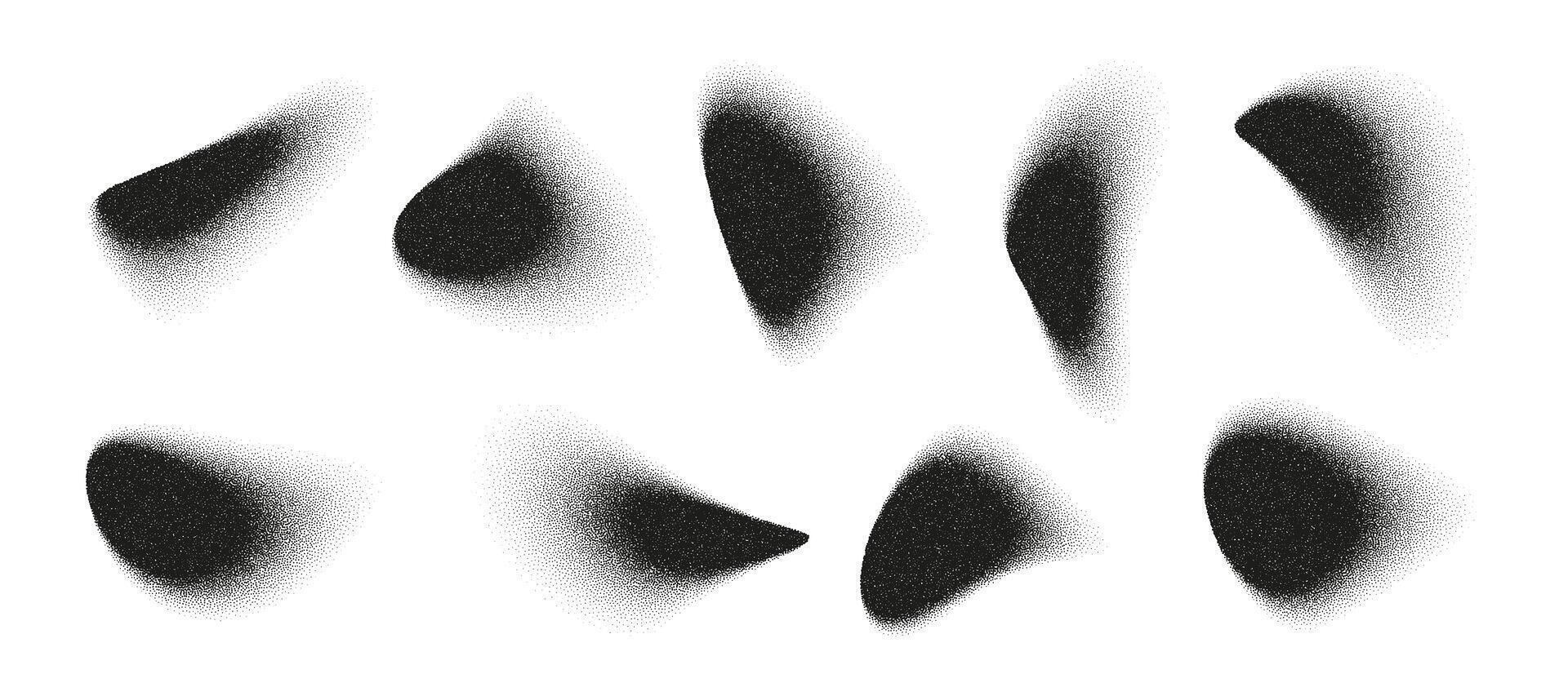 Ten distinct noise liquid shape forms are rendered with soft, stippled edges. These amorphous black forms are arranged across a bright white background, allowing for versatile design elements. vector